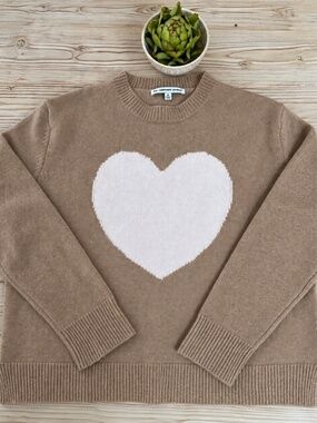 The Cashmere Project Tan Pink Heart Crewneck Sweater Size M